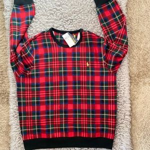 Polo Ralph Lauren Men's Red Plaid Tartan Fleece Pullover Sweatshirt